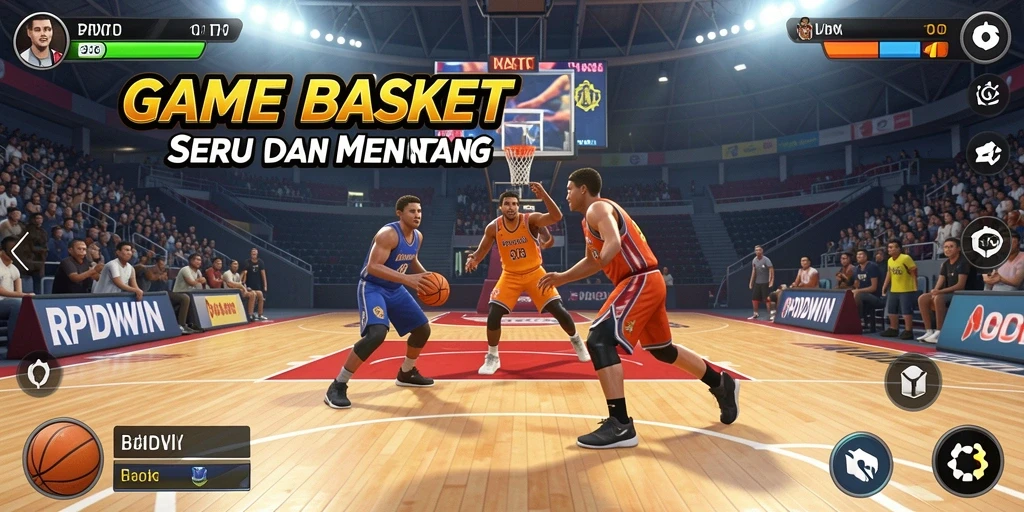 Antarmuka RPIDWIN menampilkan karakter pemain yang sedang dribble bola basket.